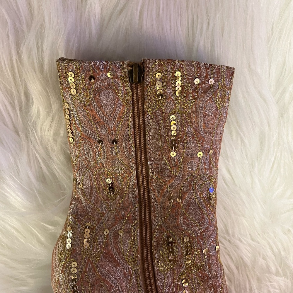 Y2K Gold and Cream Sequin Embroidered Heeled Boots - Picture 5 of 5